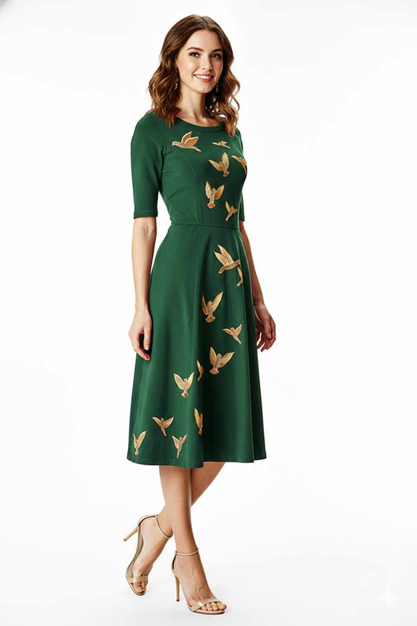 Bird Embroidery Cotton Jersey Dress