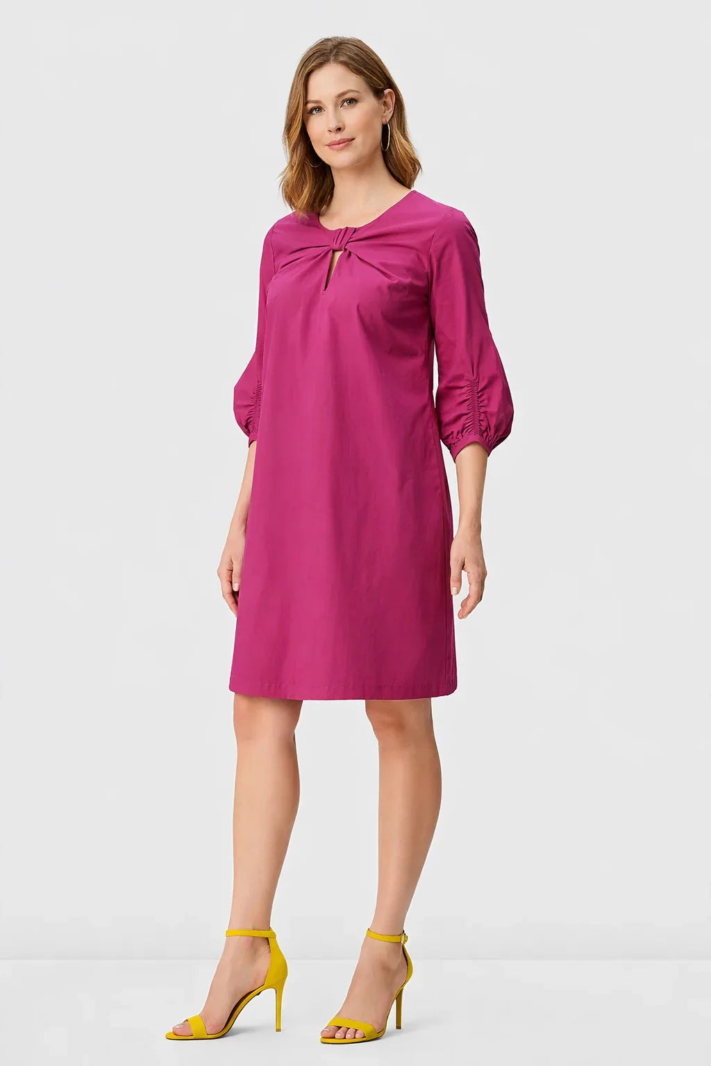 Bow-Tie Front Cotton Poplin Shift Dress | Short-Sleeve Mini Dress in Crisp Poplin