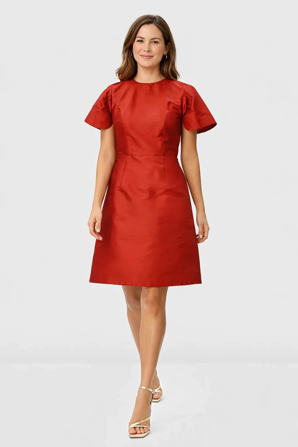 Nams-Ropa Capelet Back Dupioni A-Line Dress, short-sleeve wedding guest midi dress, elegant and simple for special occasions.