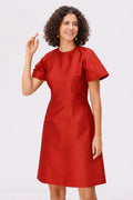 Nams-Ropa capelet back dupioni A-line midi dress with short sleeves, perfect for wedding guests, elegant and simple design