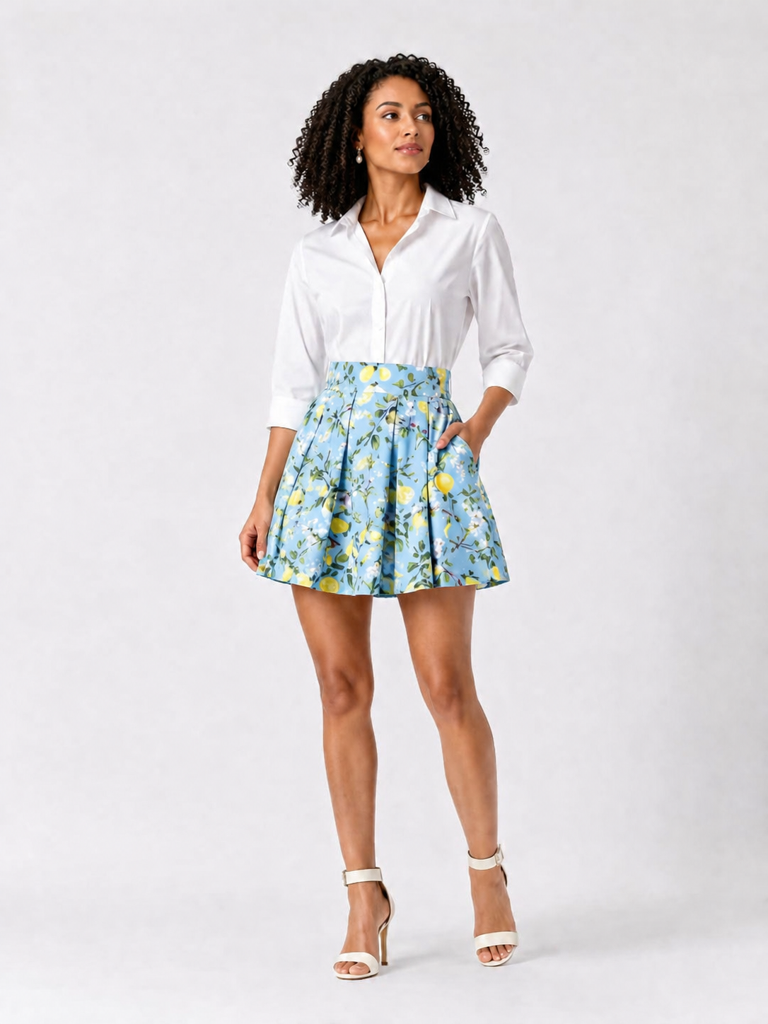 Sky Blue Lemon Blossom Pleated Midi Skirt