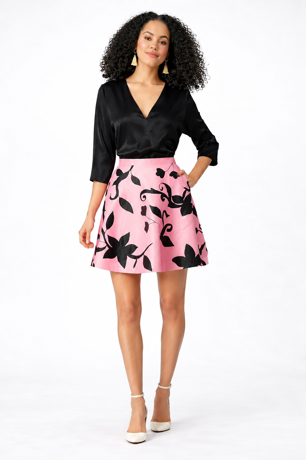 Floral Appliqué Dupioni Midi Skirt