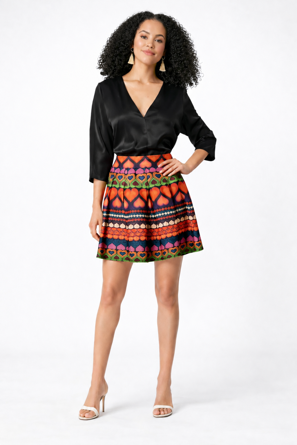 Heart Print Dupioni Pleated Full Skirt