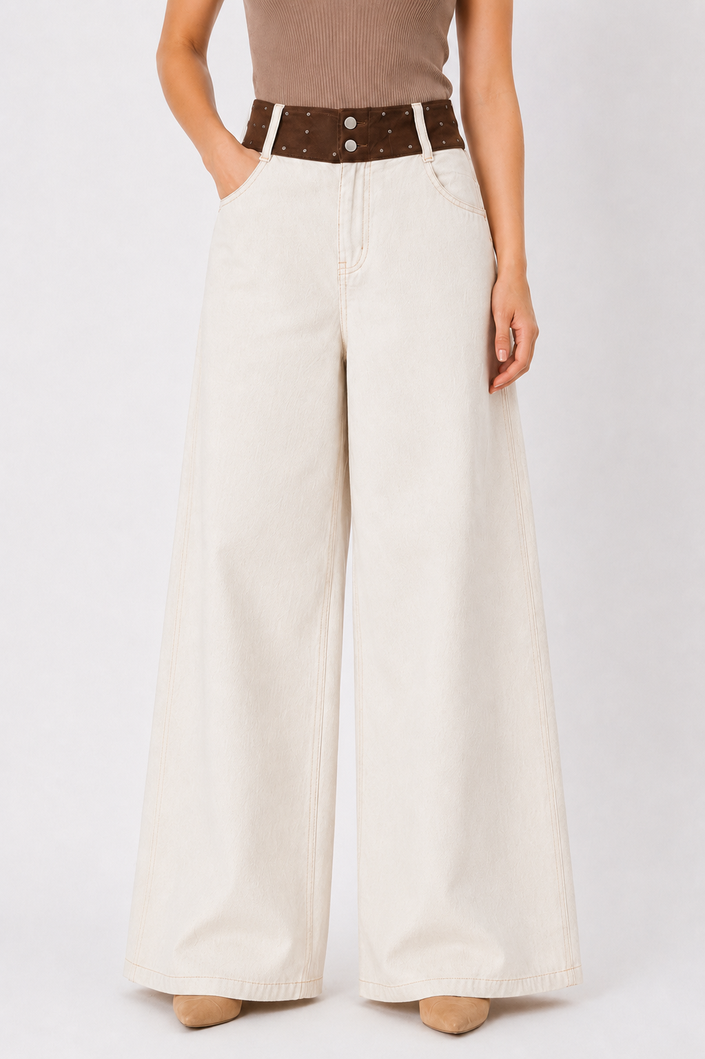 Studded Waist Wide Leg Denim Jeans