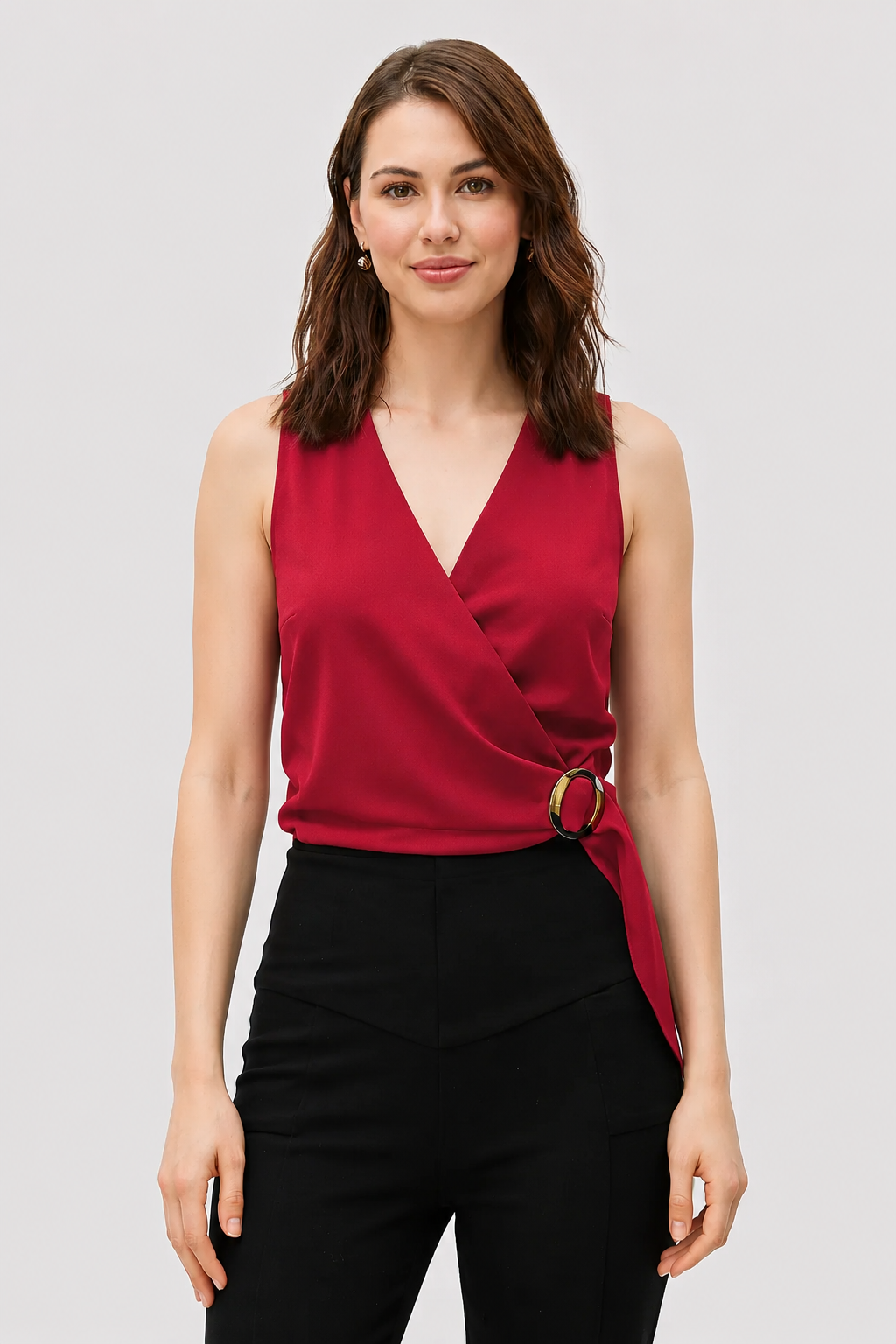 Ruched Sleeve Crepe Crop Wrap Top | V-Neck Belted Smart-Casual Blouse