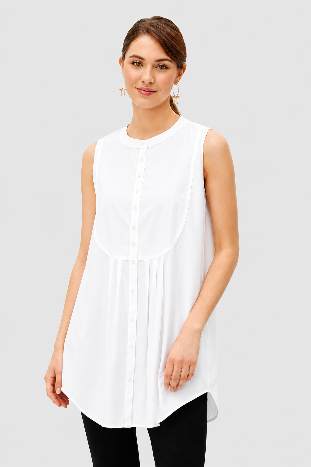 Pleat Bib-Front Cotton Poplin Tunic Shirt