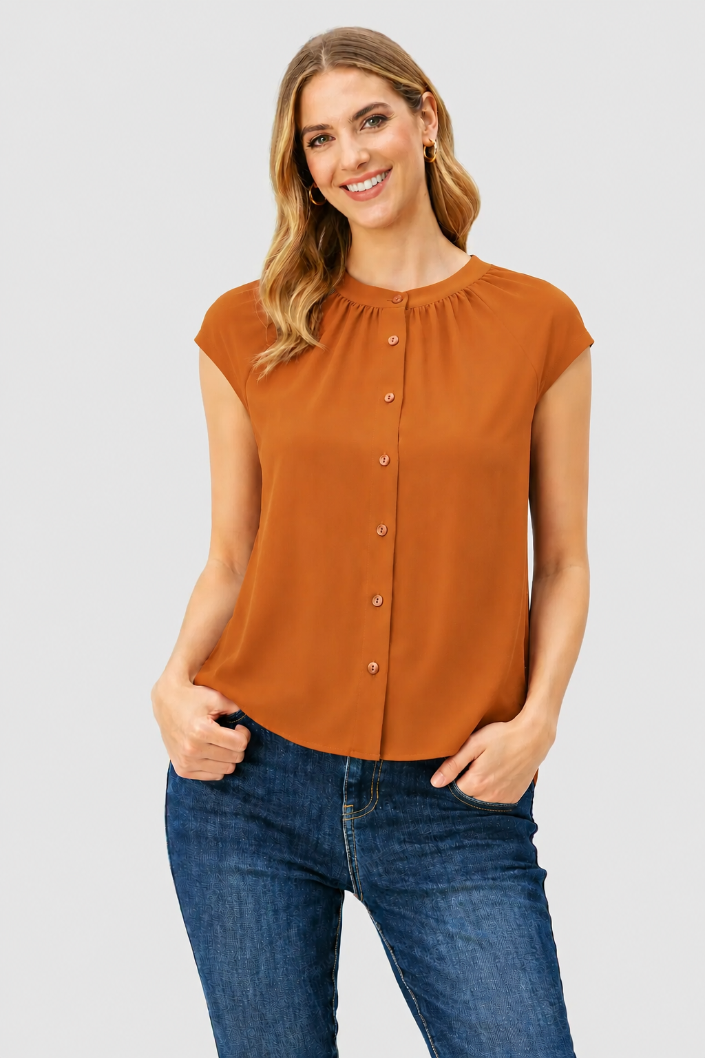 Poly Twill Crepe Ruched Button Front Blouse