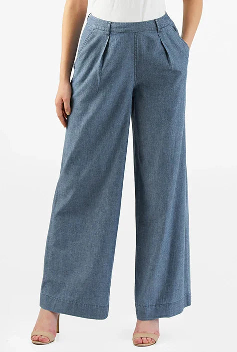 Cotton Chambray Wide-Leg Pants | High-Waist Relaxed Work-Casual Trousers