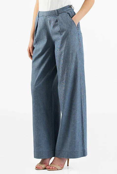 Cotton Chambray Wide-Leg Pants | High-Waist Relaxed Work-Casual Trousers