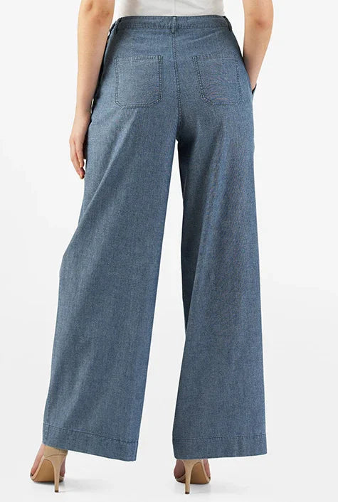 Cotton Chambray Wide-Leg Pants | High-Waist Relaxed Work-Casual Trousers