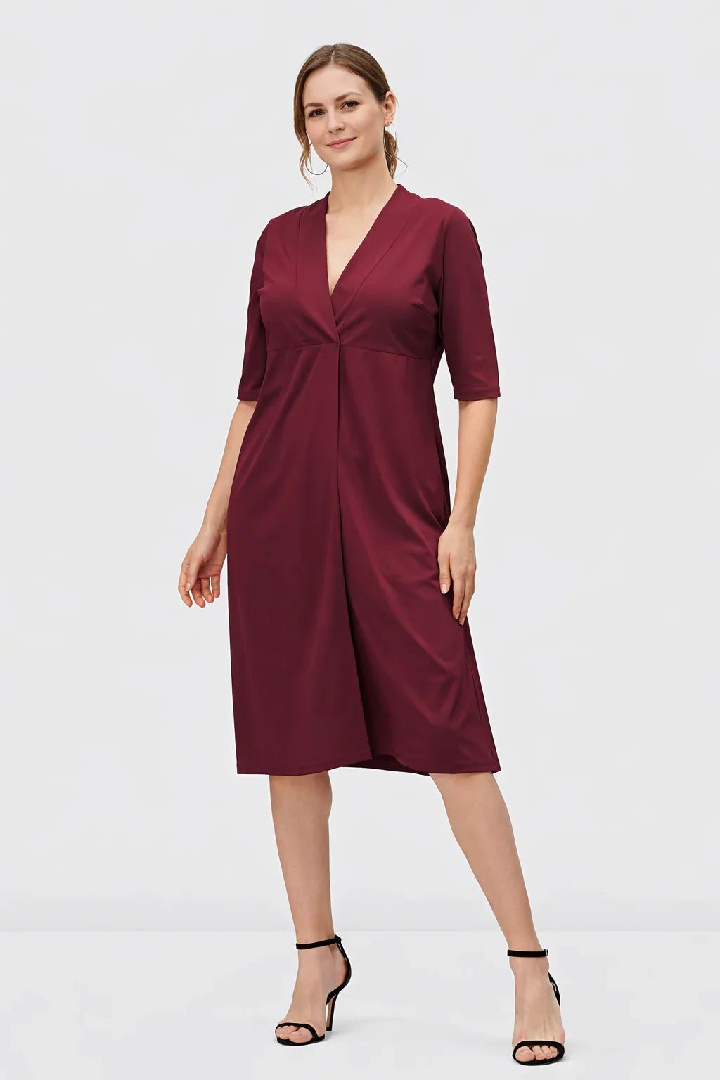 Cotton Jersey Empire A-Line Dress with deep V-neck, casual midi length, from Nams-Ropa, ideal for work and casual wear.