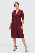 Cotton Jersey Empire A-Line Dress with deep V-neck, casual midi length, from Nams-Ropa, ideal for work and casual wear.