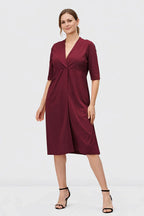 Cotton Jersey Empire A-Line Dress with deep V-neck, casual midi length, from Nams-Ropa, ideal for work and casual wear.