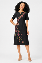 Floral Embroidered Linen Blend Midi Dress