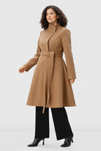 Envelope Collar Melton-Look Sash-Tie Coat | Trapunto-Collar Tan Winter Coat