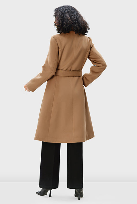 Envelope Collar Melton-Look Sash-Tie Coat | Trapunto-Collar Tan Winter Coat