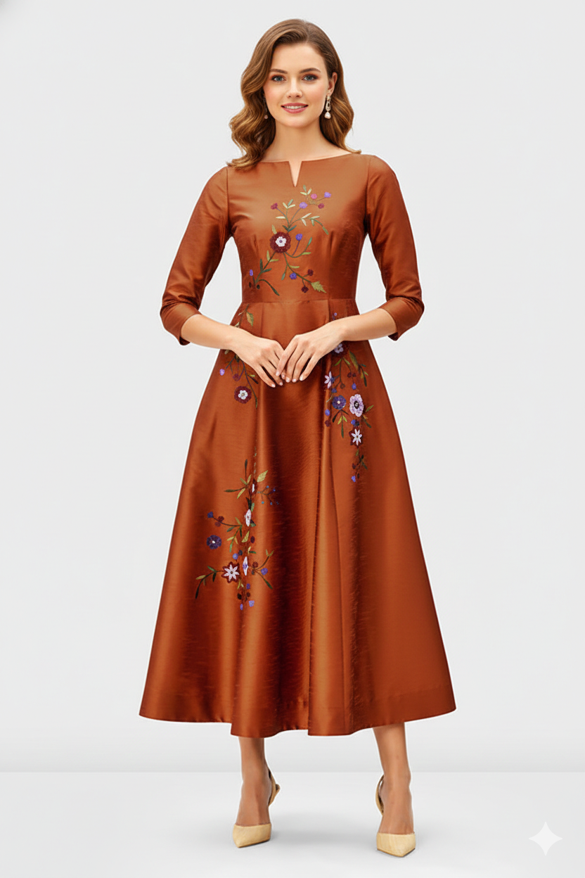 Floral Embroidery Dupioni A-Line Dress