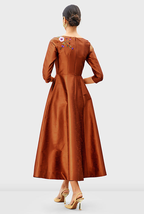 Floral Embroidery Dupioni A-Line Dress