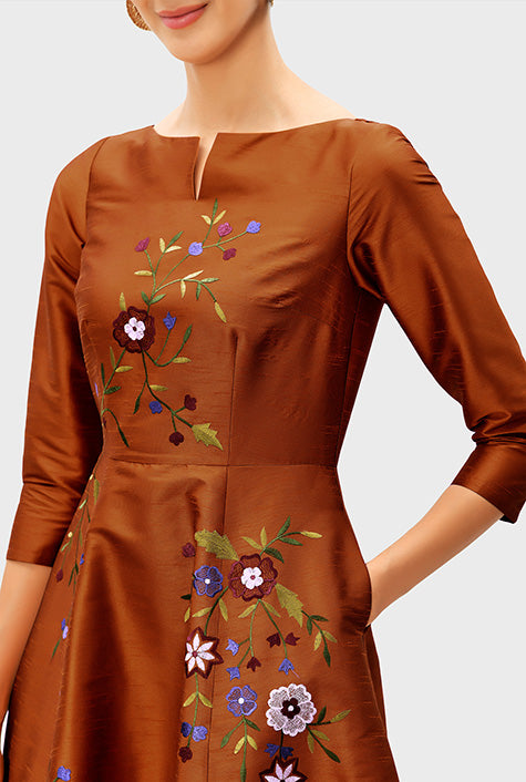 Floral Embroidery Dupioni A-Line Dress
