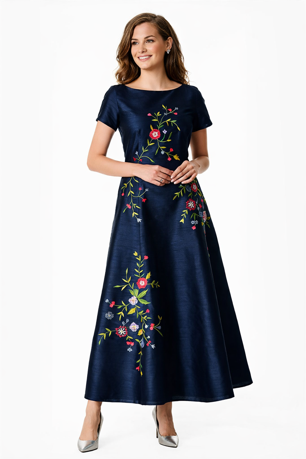 Floral Embroidery Dupioni Maxi Dress