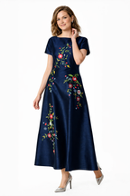 Floral Embroidery Dupioni Maxi Dress