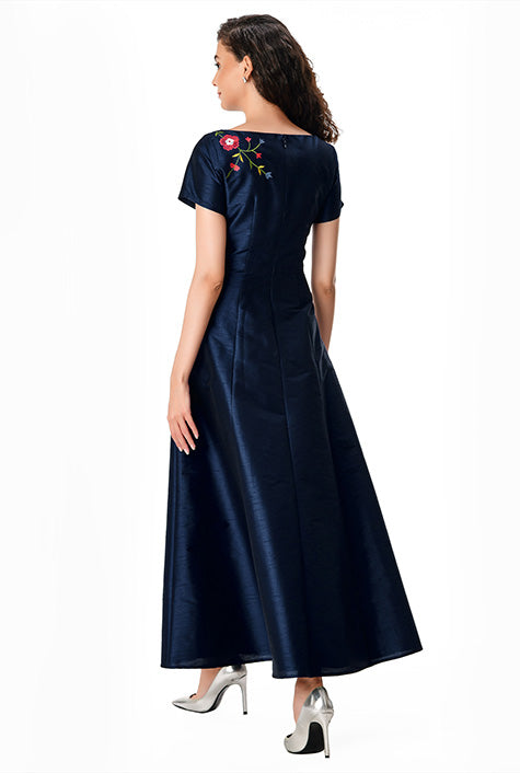 Floral Embroidery Dupioni Maxi Dress