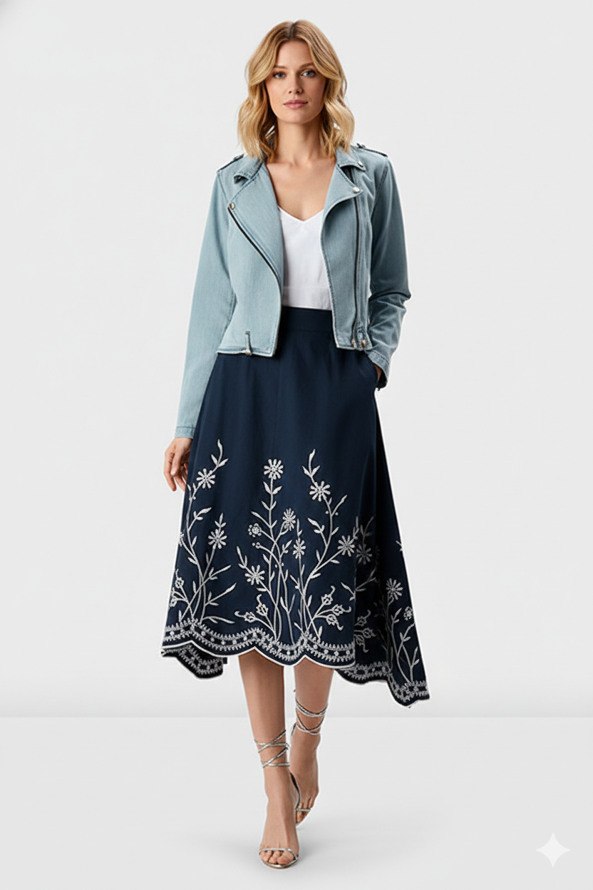 Floral Scallop High-Low Cotton Poplin Skirt