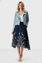 Floral Scallop High-Low Cotton Poplin Skirt