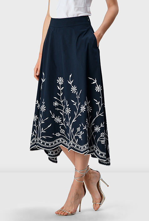 Floral Scallop High-Low Cotton Poplin Skirt