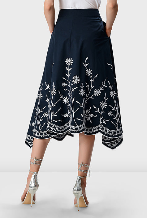 Floral Scallop High-Low Cotton Poplin Skirt
