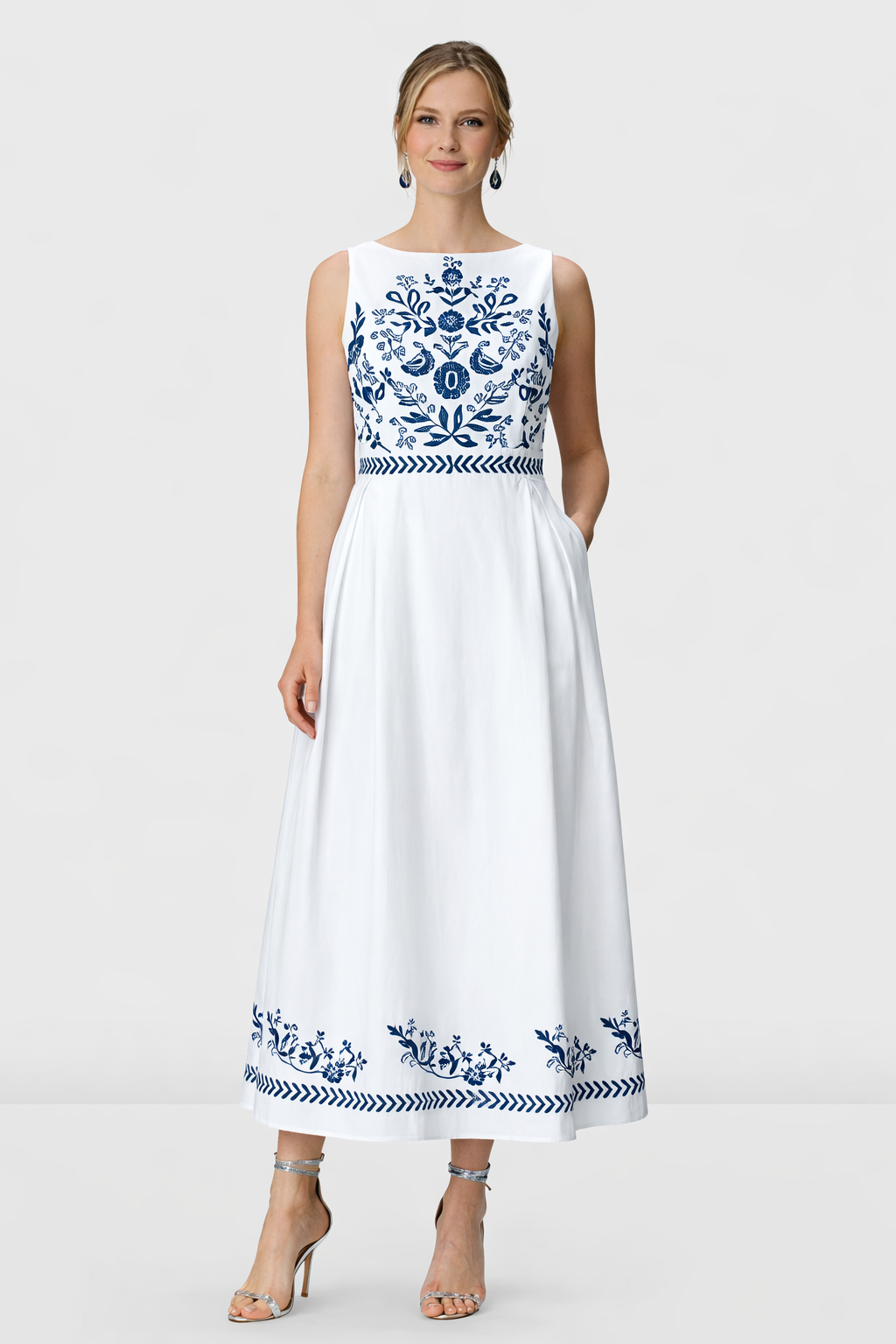 Floral Vine Embroidery Cotton Poplin Maxi Dress