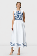 Floral Vine Embroidery Cotton Poplin Maxi Dress