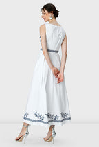 Floral Vine Embroidery Cotton Poplin Maxi Dress