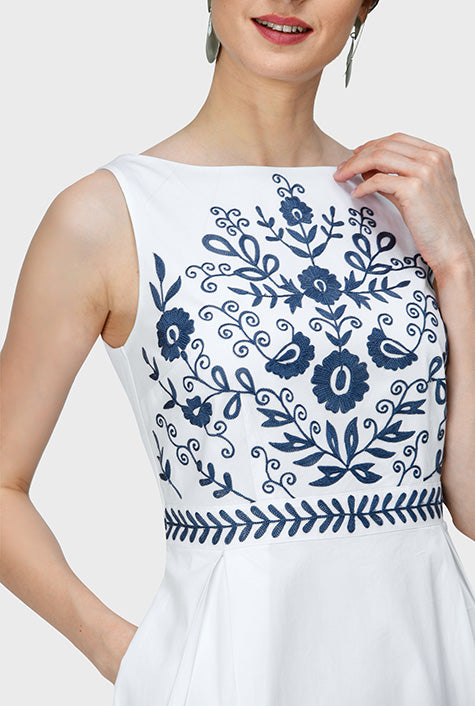 Floral Vine Embroidery Cotton Poplin Maxi Dress