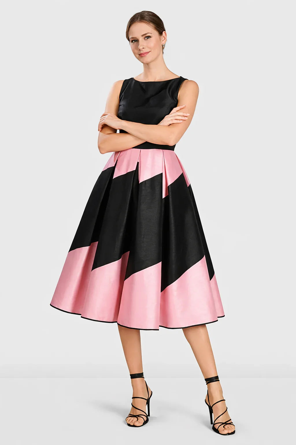 Colorblock Poly Dupioni Fit-and-Flare Dress | Sleeveless Wedding Guest Midi Dress
