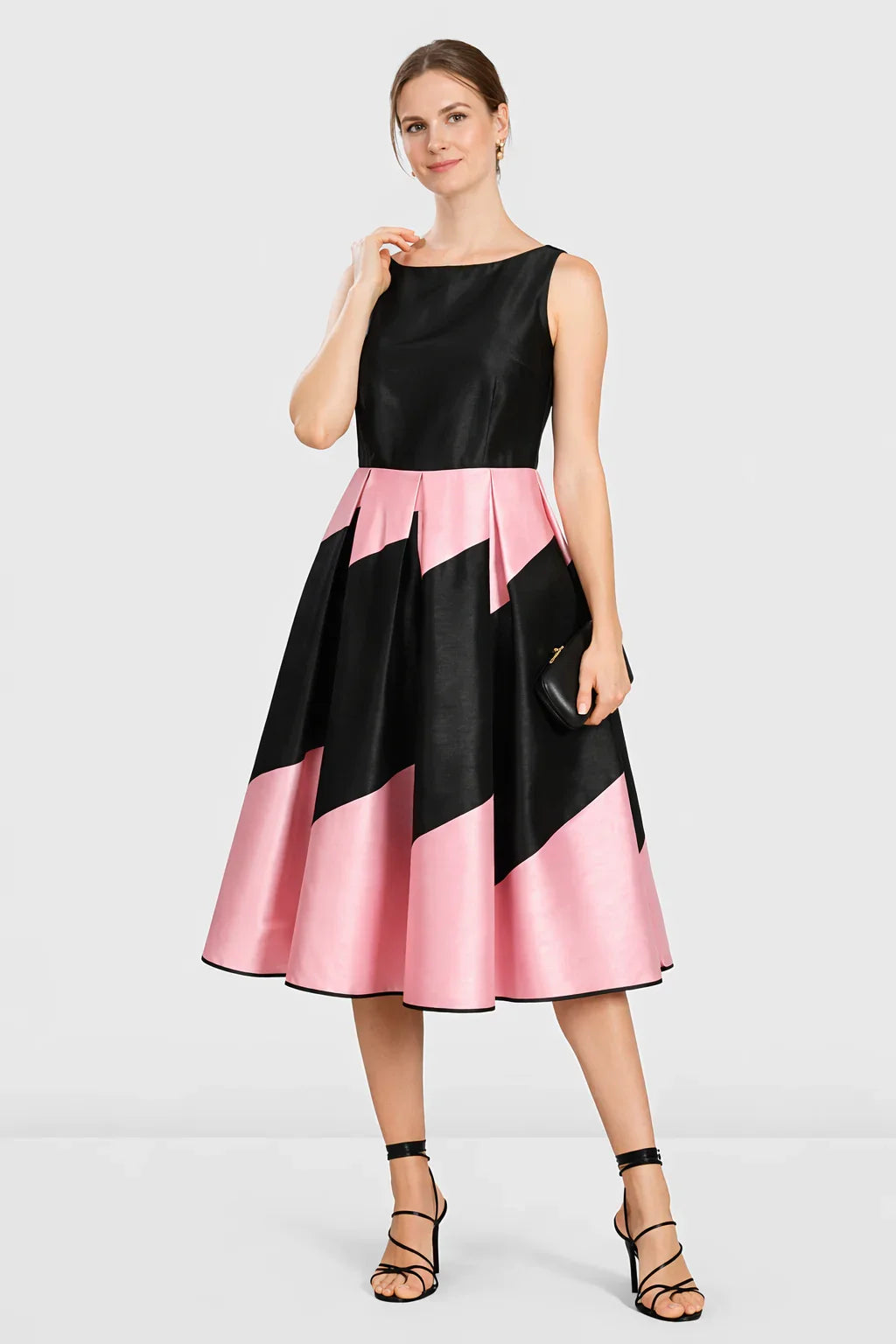 Colorblock Poly Dupioni Fit-and-Flare Dress | Sleeveless Wedding Guest Midi Dress