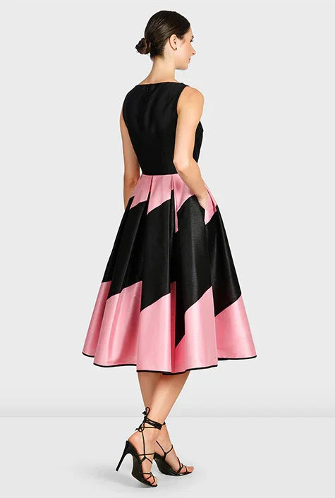 Colorblock Poly Dupioni Fit-and-Flare Dress | Sleeveless Wedding Guest Midi Dress