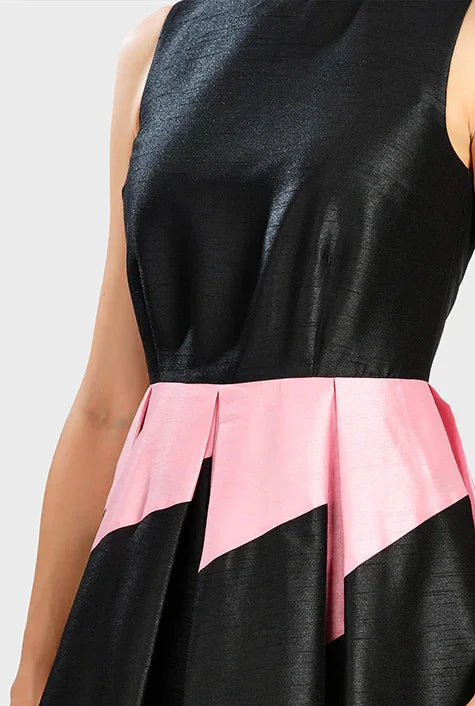 Colorblock Poly Dupioni Fit-and-Flare Dress | Sleeveless Wedding Guest Midi Dress