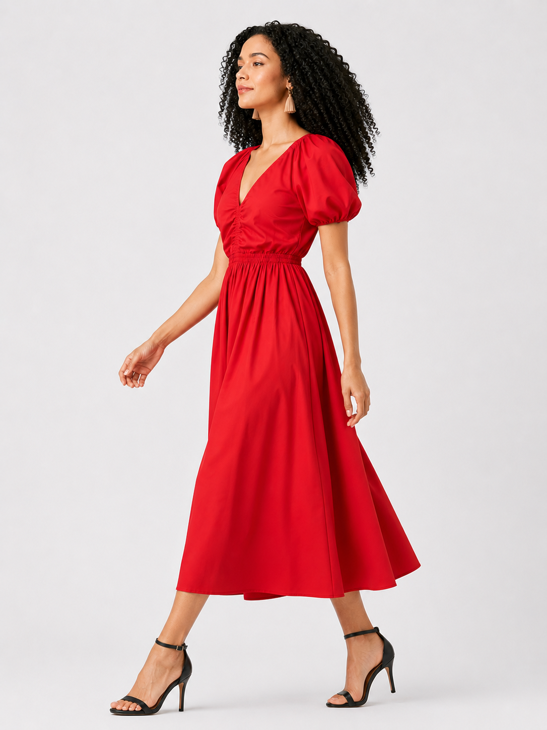 Puff Sleeve Cotton Poplin Elastic Ruched Dress