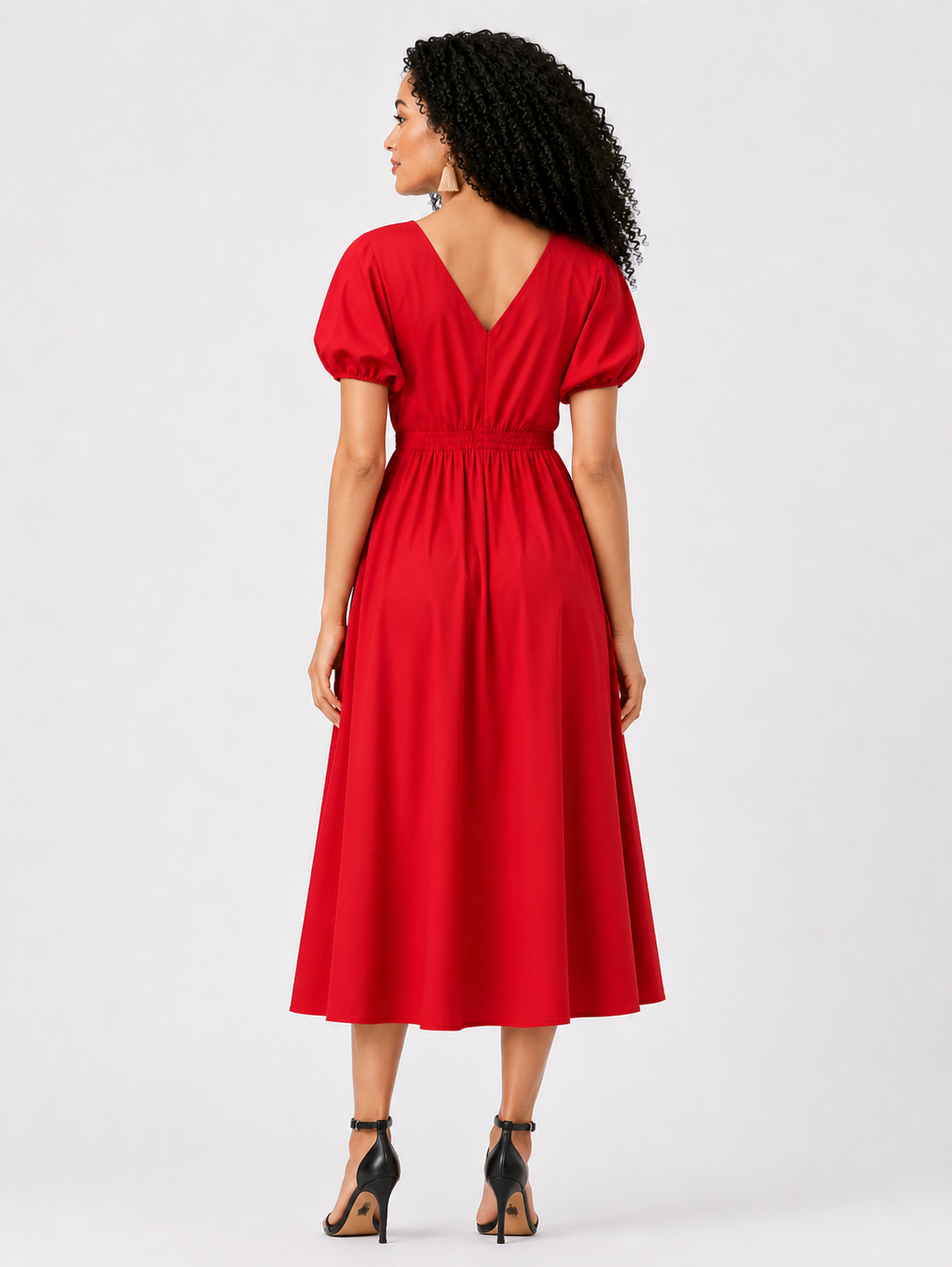 Puff Sleeve Cotton Poplin Elastic Ruched Dress