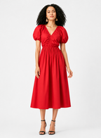Puff Sleeve Cotton Poplin Elastic Ruched Dress
