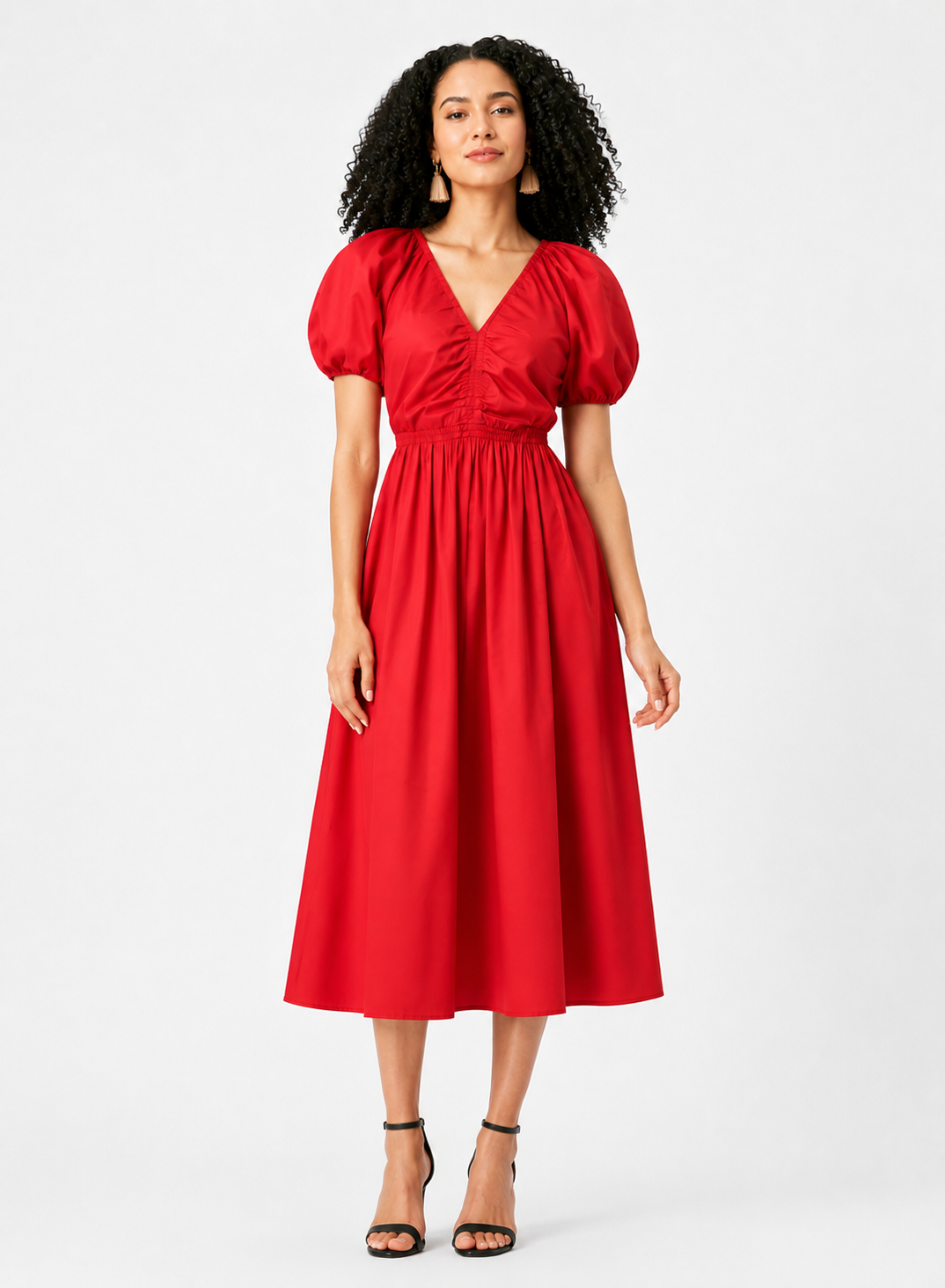 Puff Sleeve Cotton Poplin Elastic Ruched Dress