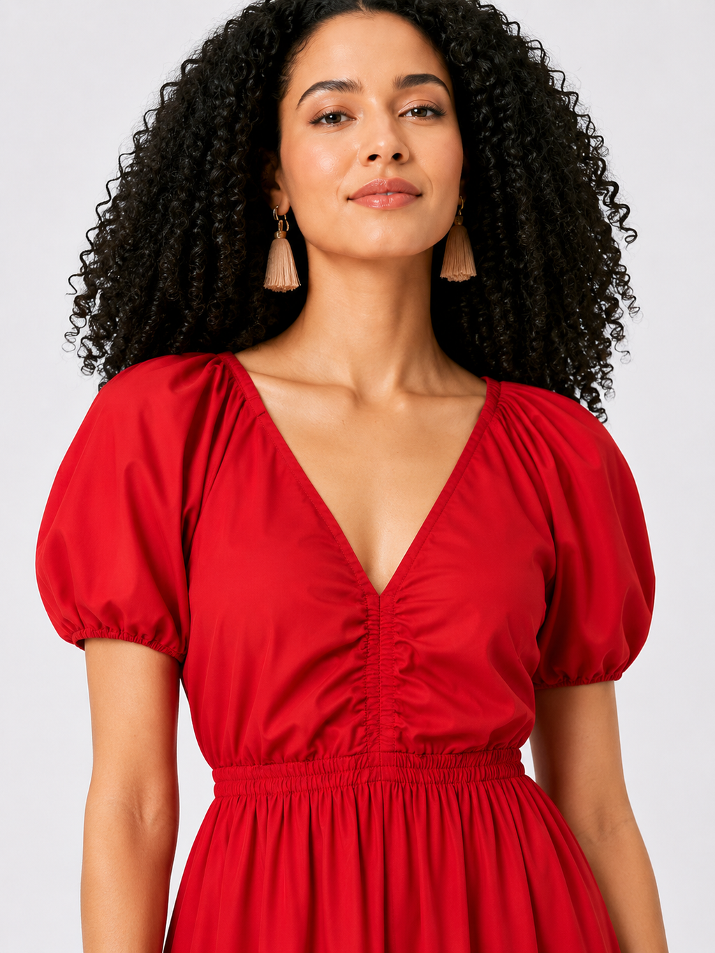 Puff Sleeve Cotton Poplin Elastic Ruched Dress