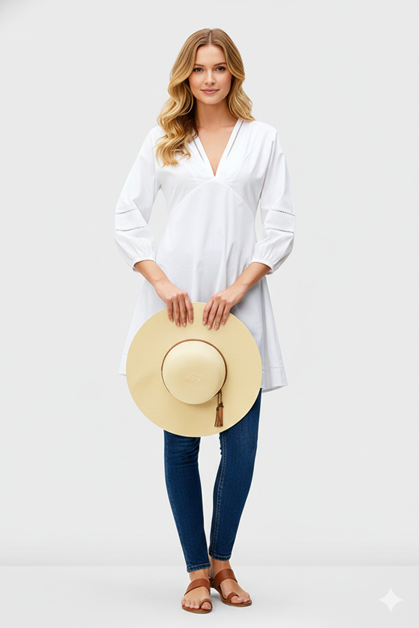 Lattice Trim Cotton Poplin Empire Tunic