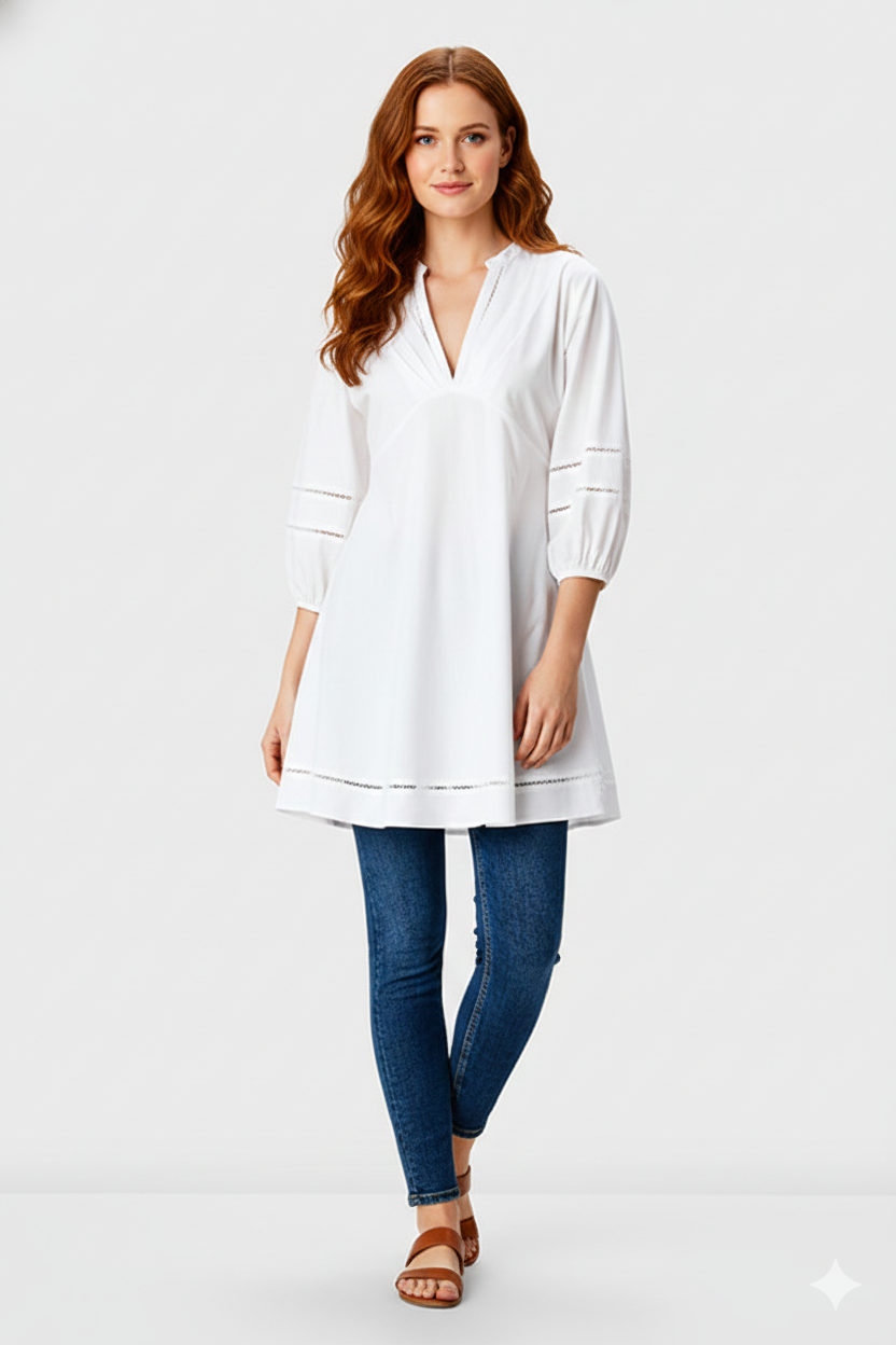 Lattice Trim Cotton Poplin Empire Tunic