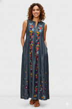 Leafy Embroidery Cotton Chambray Release Pleat Shift Dress