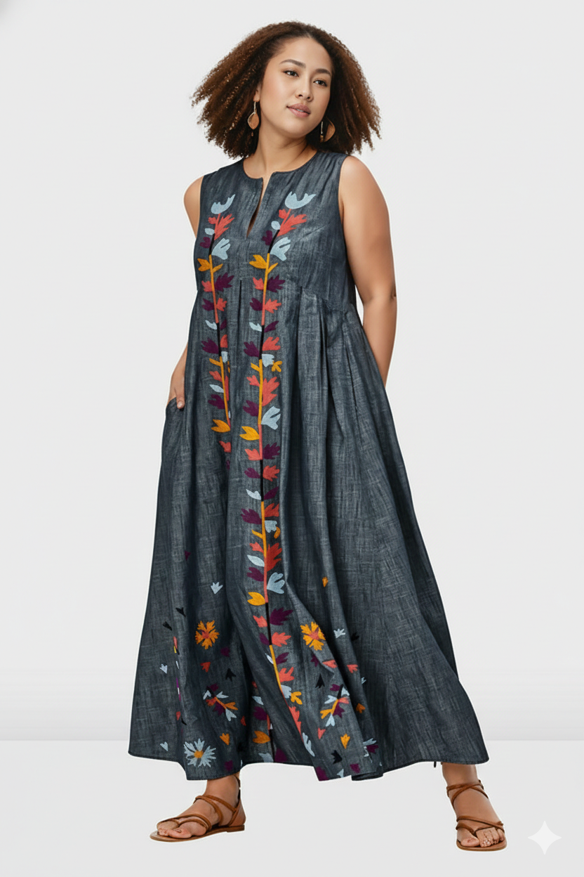 Leafy Embroidery Cotton Chambray Release Pleat Shift Dress