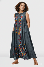 Leafy Embroidery Cotton Chambray Release Pleat Shift Dress