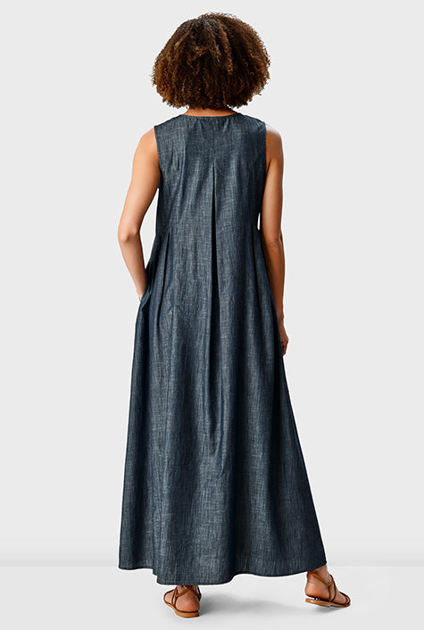 Leafy Embroidery Cotton Chambray Release Pleat Shift Dress