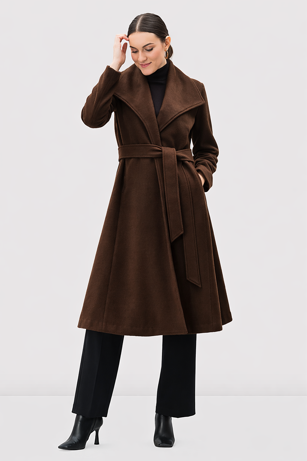 Melton-Look Wool Blend Sash-Tie Coat